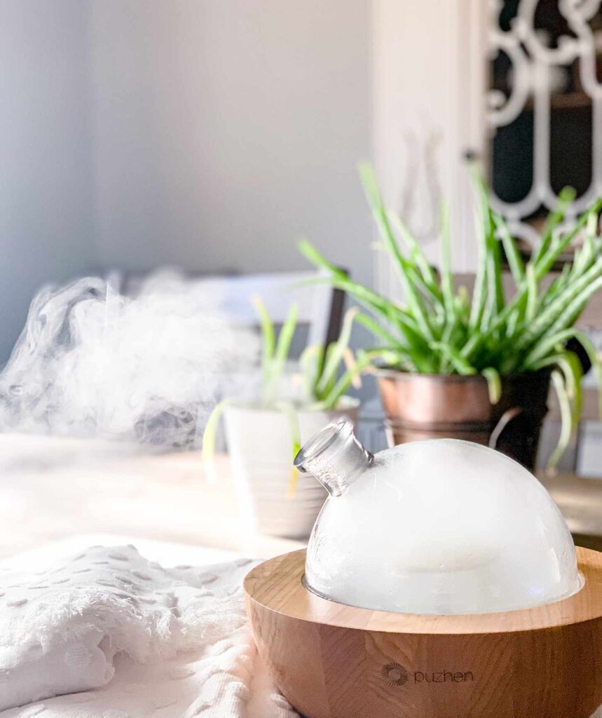 Aria Diffuser with mist and plant and table and chair in the background