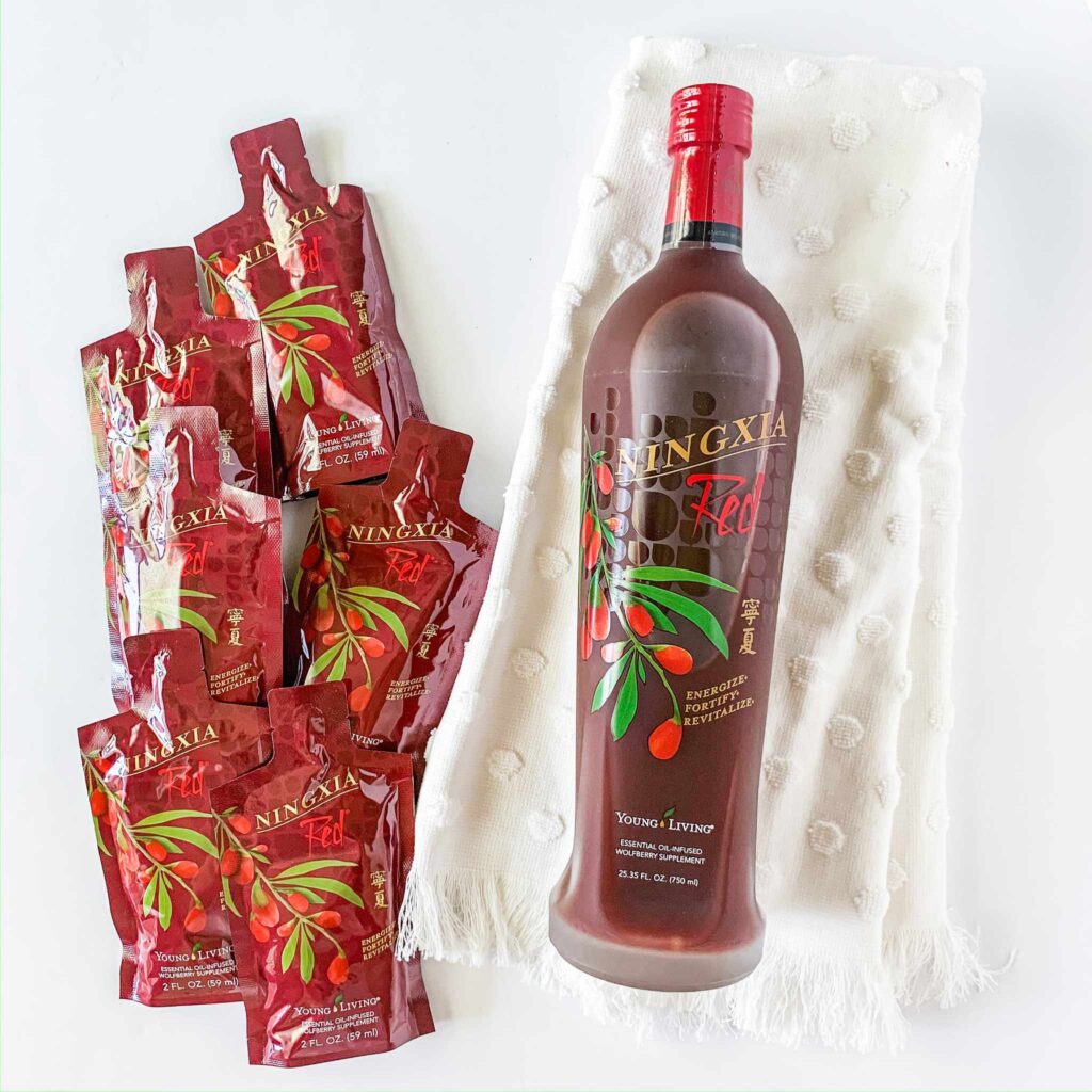 Ningxia Red Bottle and Packets on White Background Full Bottle