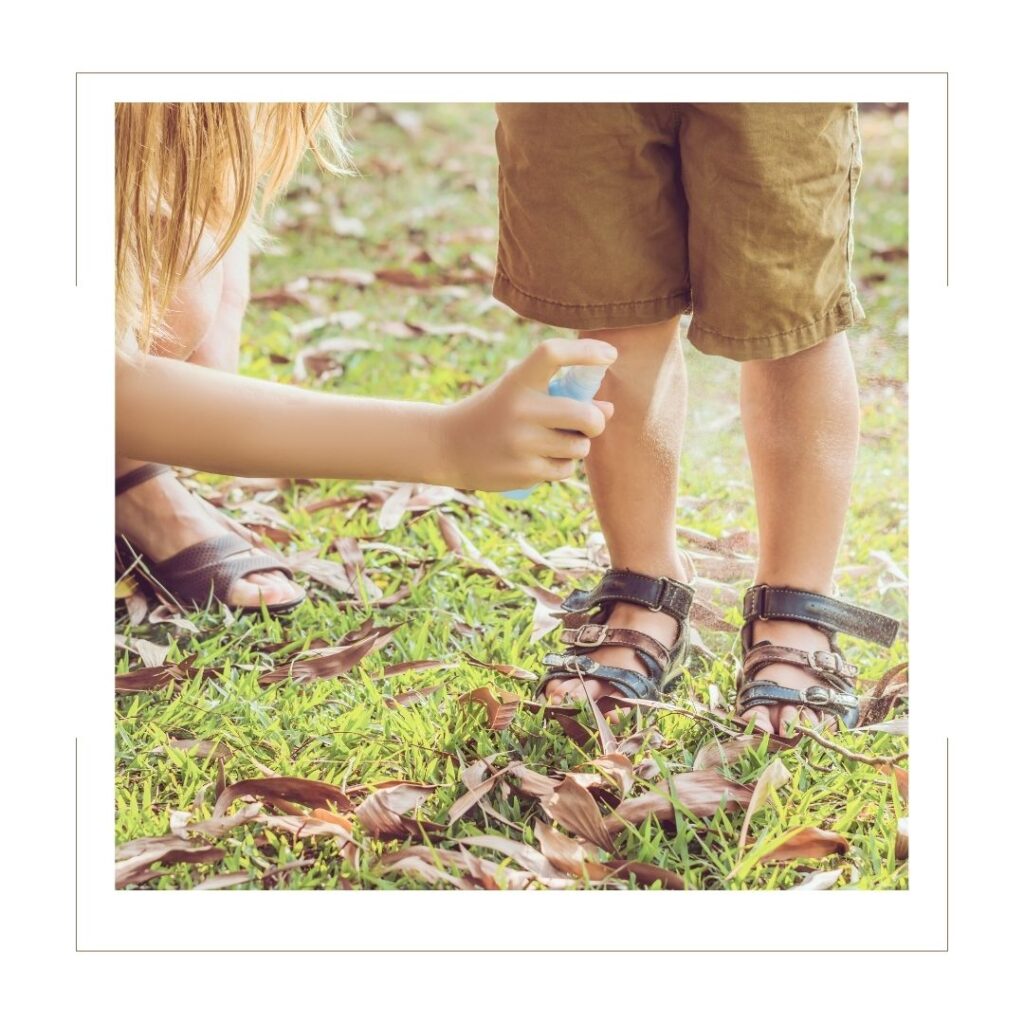 Mom spraying bug spray on little boys feet