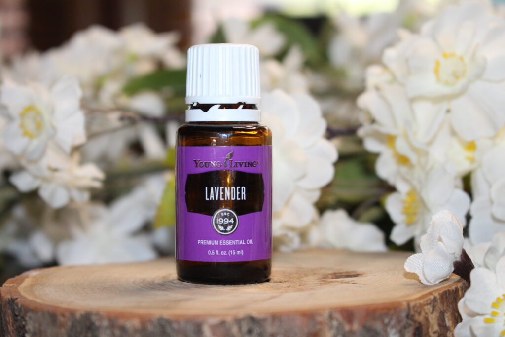 Lavender Essential Oil on tree circle with white flowers in background
