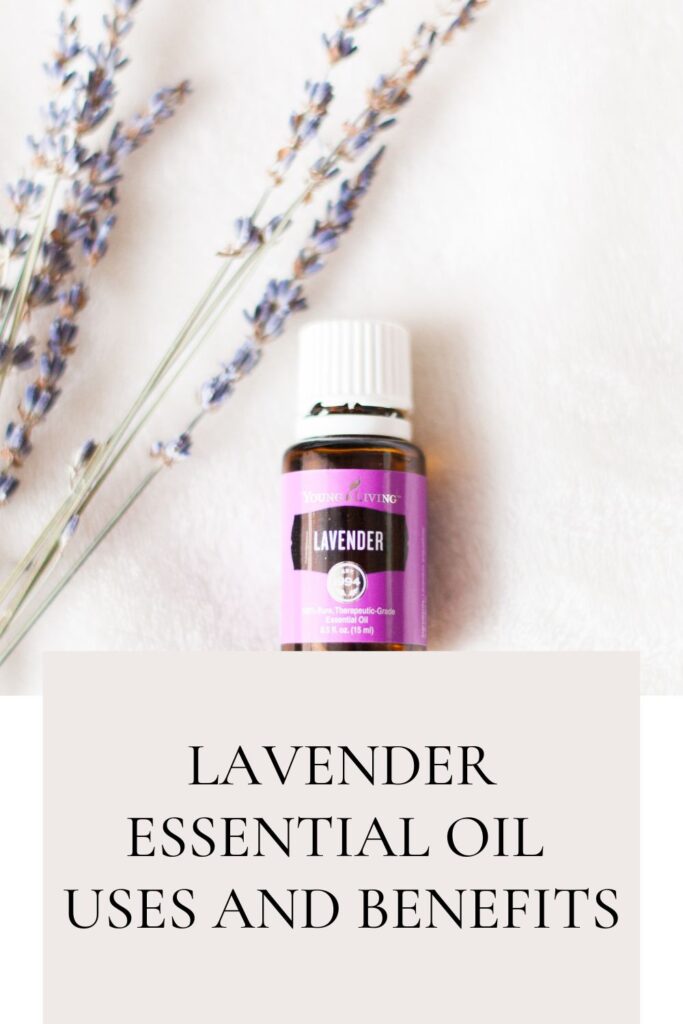 Pinterest Image Lavender Essential oil uses and benefits with lavender essential oil bottle and lavender plant