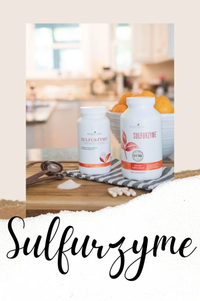 Sulfurzyme Pinterest Image - Bottles of Powder and Capsules on a countertop with light coming through the window behind