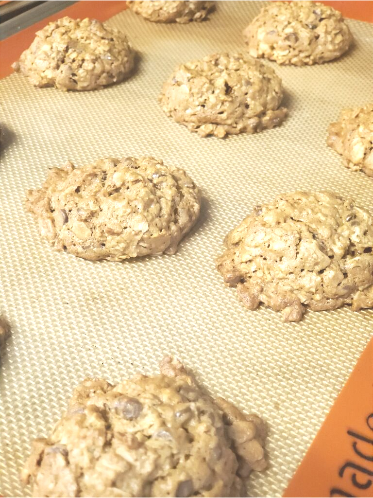 Chocolate Chip Oatmeal Peanut Butter Cookie on a Silicone Mat
