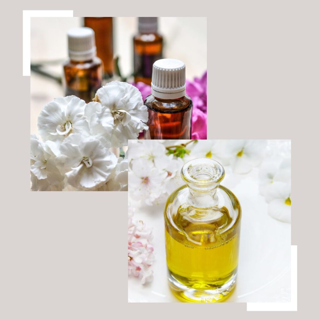 Neutral Essential Oil Bottles vs Carrier Oil with white flowers