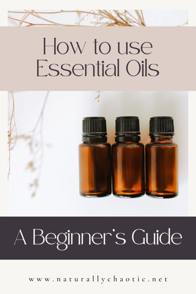 How to use essential oils: A Beginners Guide with three bottles of essential oils on a white background