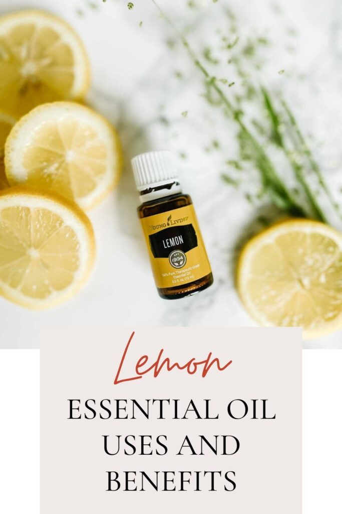 Lemon Essential Oil Uses and Benefits with Lemon Essential Oil Bottle and greenery in the background on a countertop.