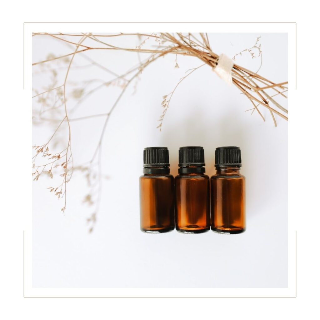 Three essential oil bottles with wispy stems around it on a white background