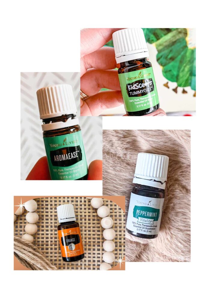 Orange, Tummygize, AromaEase and Peppermint Essential Oils Collage