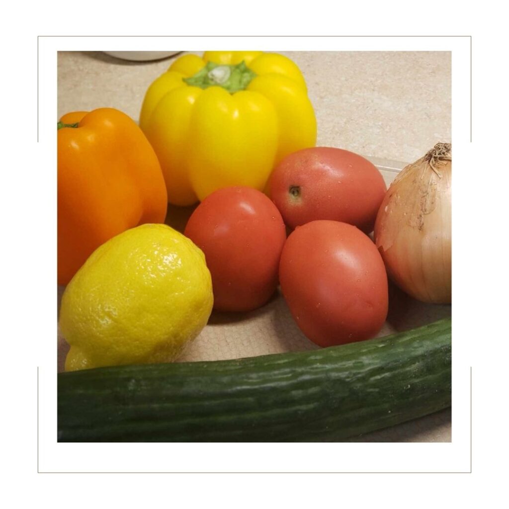 Cucumber, Lemon, Orange and Yellow Bell Pepper, 3 Roma Tomatoes, Yellow Onion