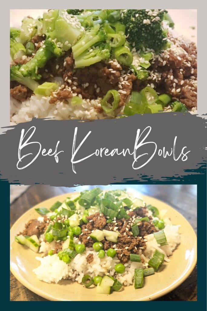 Beef Korean Bowls with rice, beef, green onions, peas, broccoli