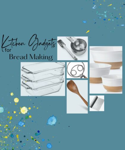 Main Image for Kitchen Gadgets for Bread Making with Images of glass loaf pans, measuring cups and spoons, dough hook, wooden spoon, ceramic bowl set and bench scraper