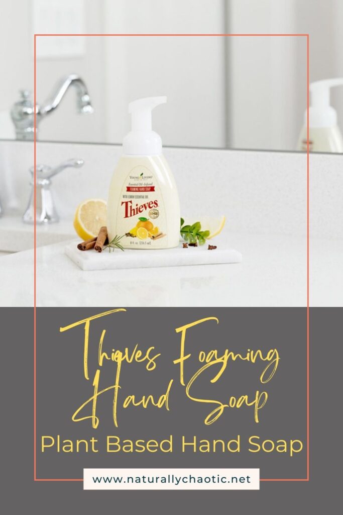 Thieves Foaming Hand Soap Pinterest Image - Hand Soap bottle on bathroom sink