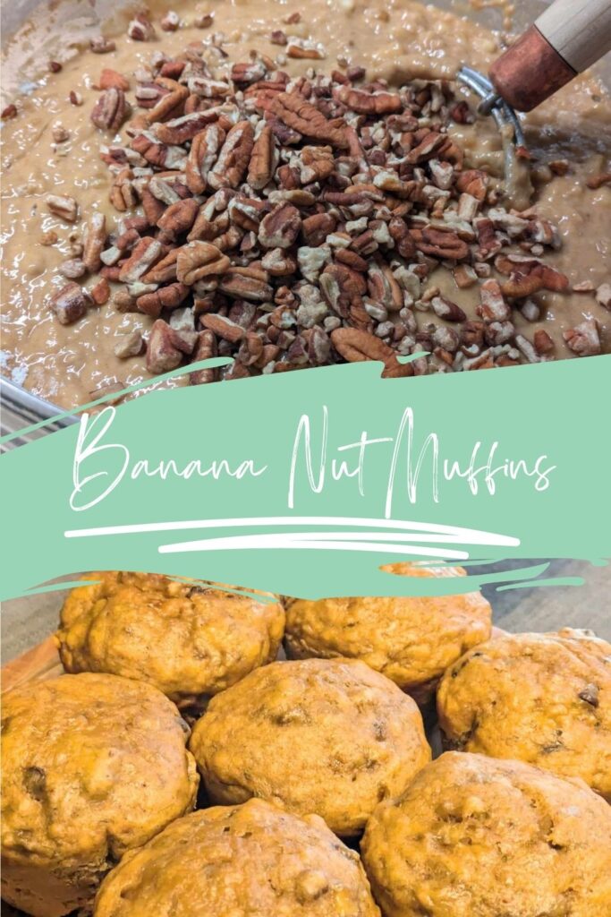 Banana Nut Muffin Pinterest Image - Batter with nuts and baked muffins