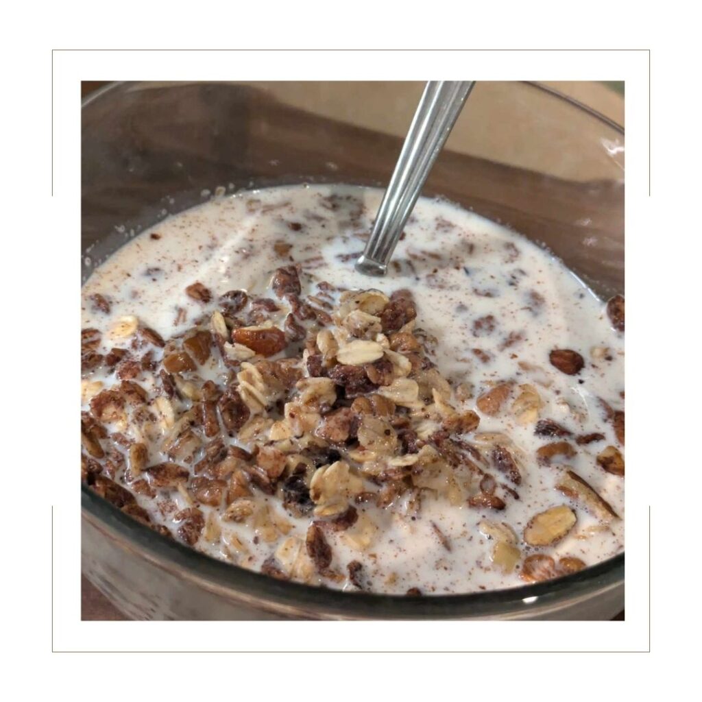 Chocolate Granola in glass bowl with milk