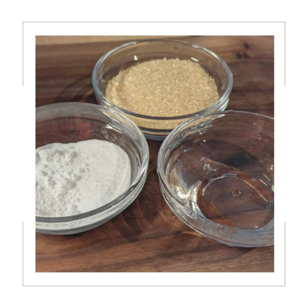 Borax Sugar and Water in glass bowls