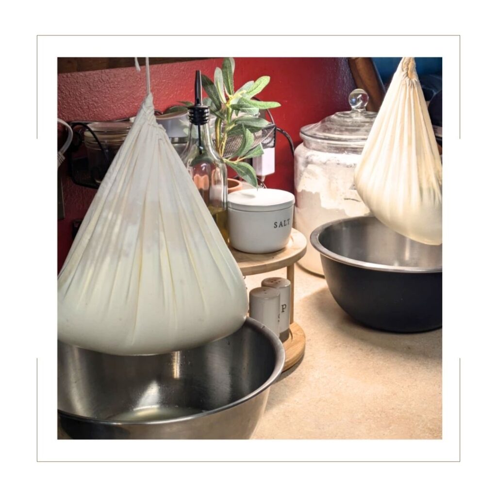 Homemade Yogurt draining in cheesecloth