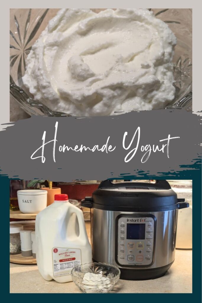 Homemade Yogurt Pinterest Image - Yogurt in Glass Bowl and Milk, Yogurt and Instant Pot in photo