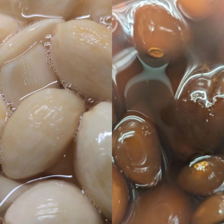 New and year old fermented honey garlic side by side