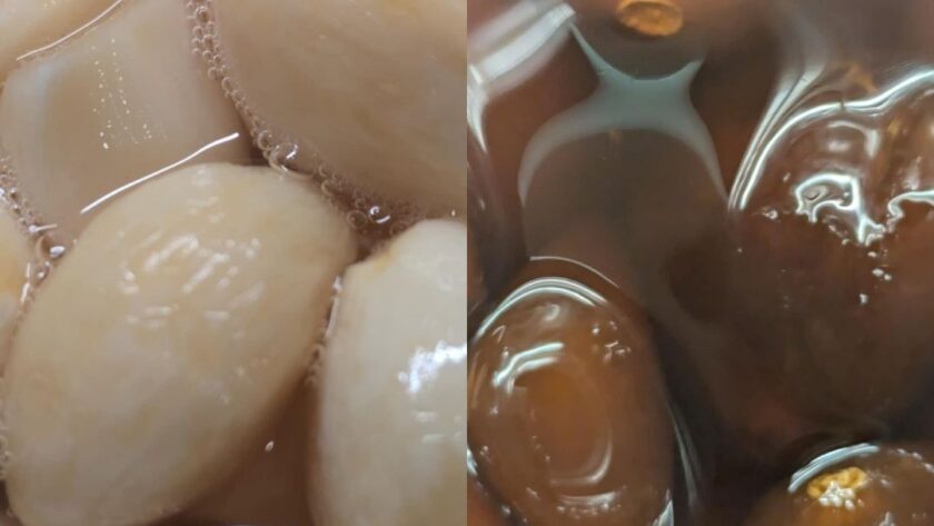 New and year old fermented honey garlic side by side