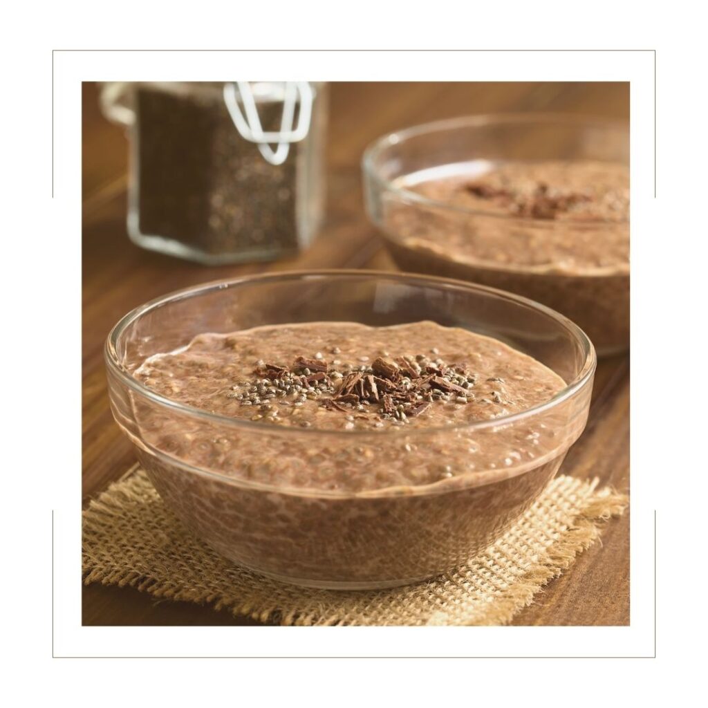 Chocolate Chia Pudding with chocolate shavings in a glass bowl